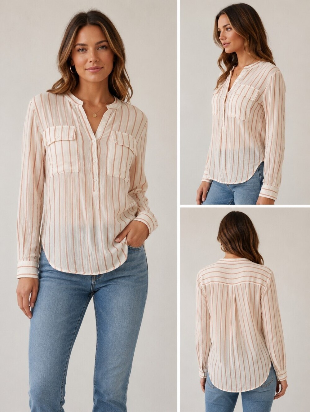 Anthropologie Olivaceous White Striped Long Sleeves Henley Blouse Top Women's S